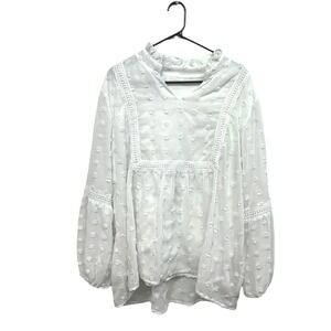 Swiss Dot Ruffle Blouse 2XL White Sheer Lace Trim Romantic Boho Feminine Cottage